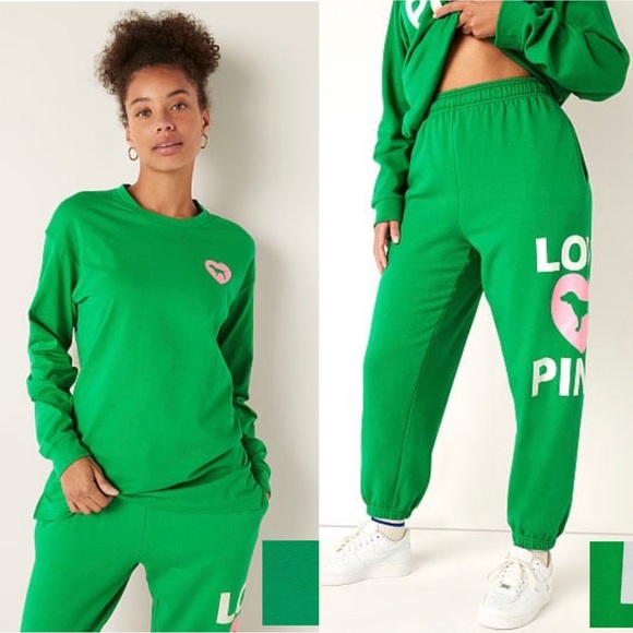 VS PINK ORIGINALS M Happy Camper Green Campus Pants & Matching Campus Tee SET - Picture 6 of 7
